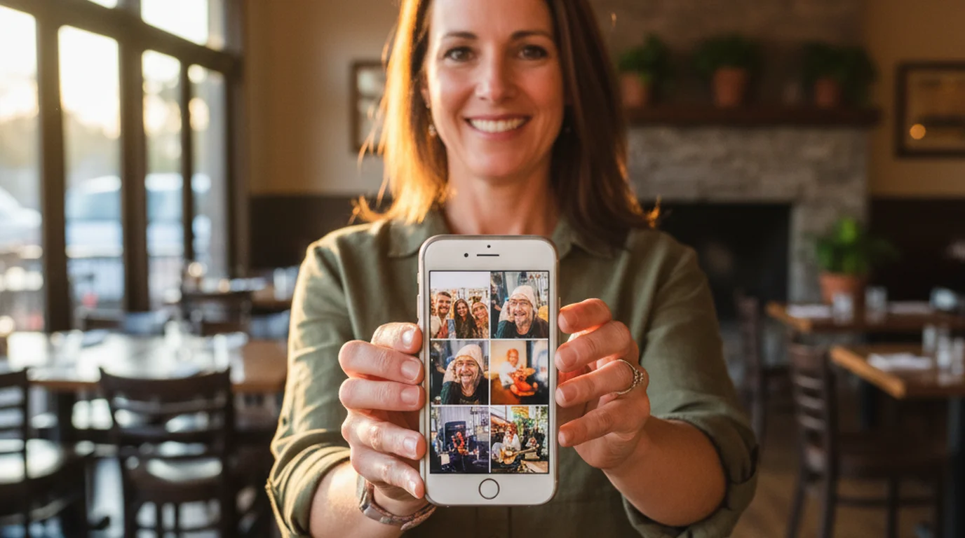 Local event organizer holding an iPhone showing a multi-photo event collage layout inside a warm restaurant venue with string lights overhead