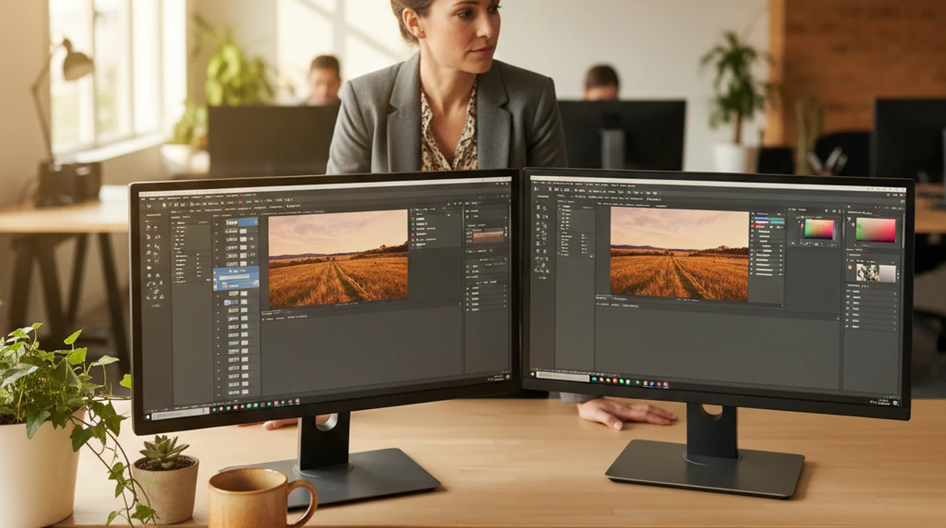 Marketing lead comparing two AI photo editing interfaces side by side on dual monitors in an open-plan office