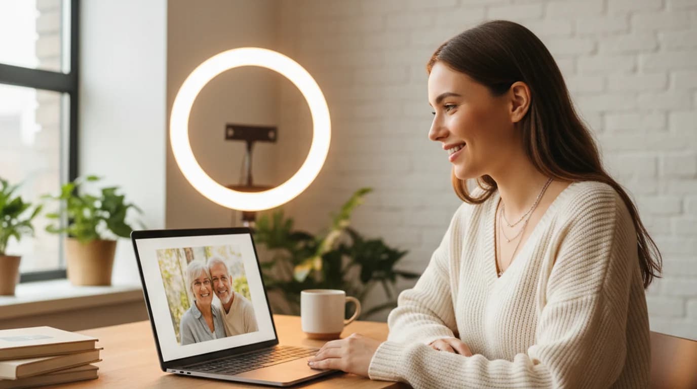 Person reviewing an AI-enhanced portrait photo on a laptop in a bright home studio with ring light and warm lighting