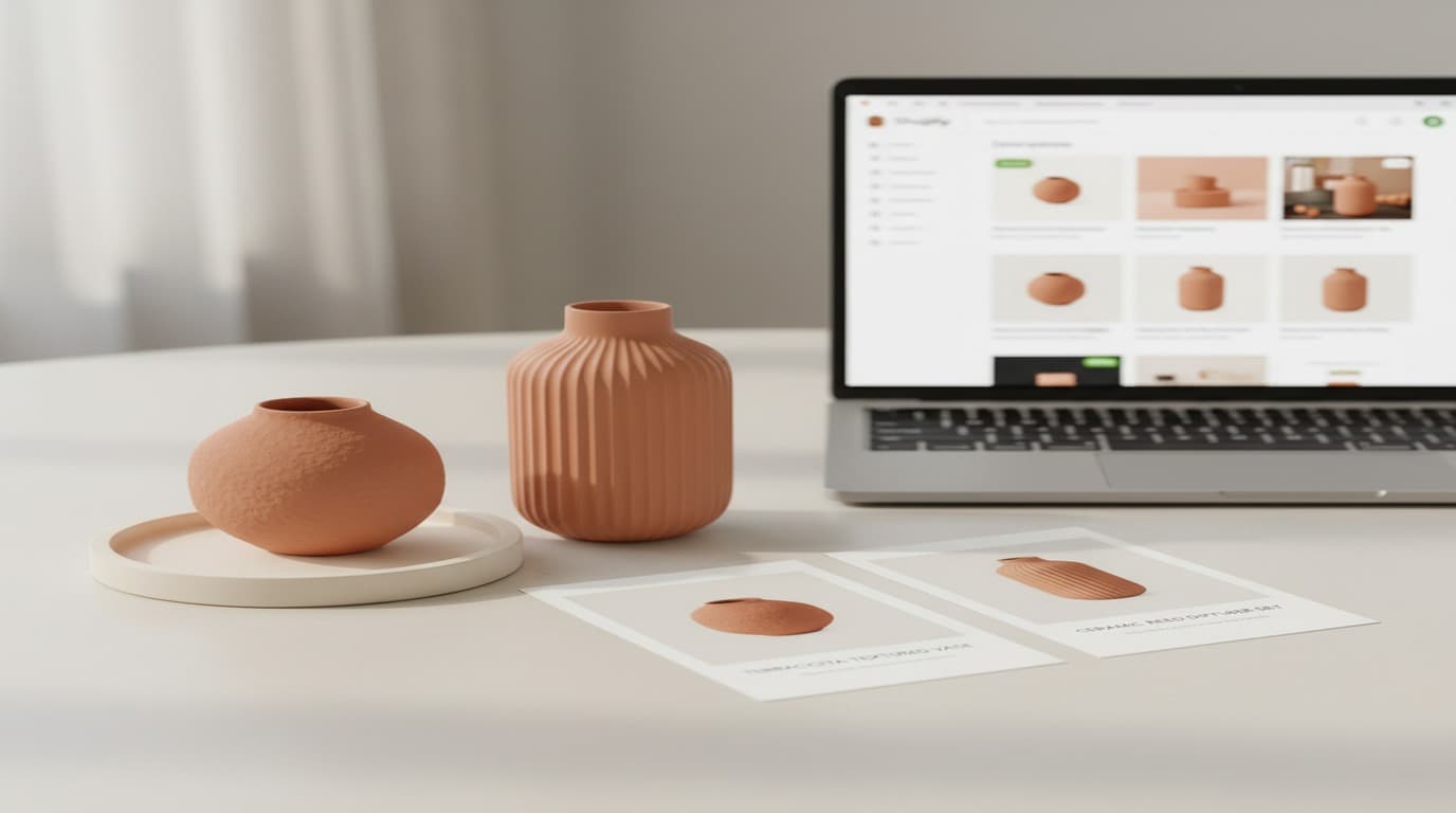 Ecommerce product listings showing a consistent brand identity — matching product photography style, color palette, and typography across a Shopify storefront and Amazon listings