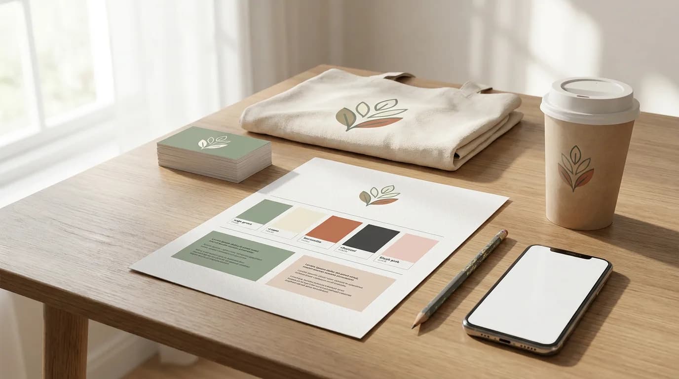 Designer's desk with a printed brand kit sheet showing a logo, color swatches and font samples next to business cards and a tote bag in matching colors