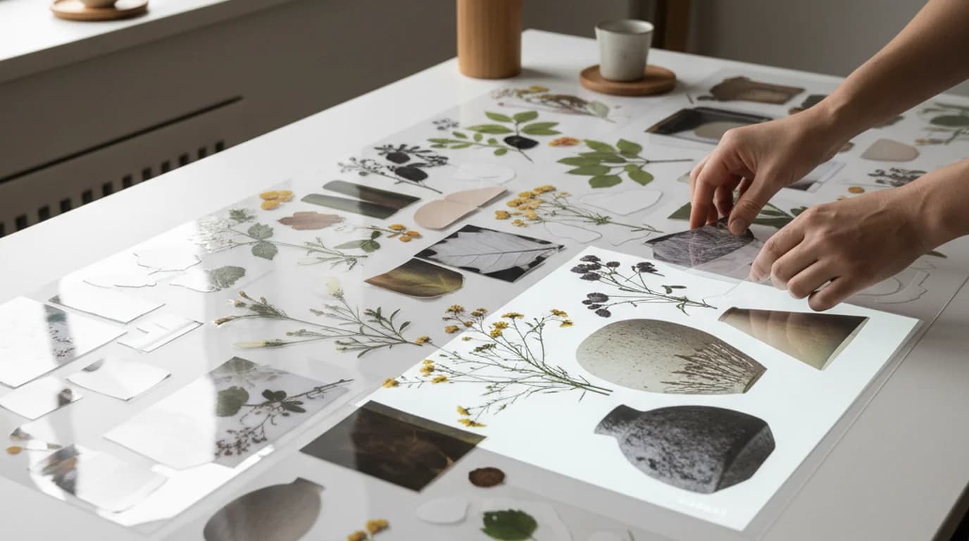 Independent designer arranging transparent photo cutouts of botanical objects and ceramic shapes into a layered moodboard on a white studio table
