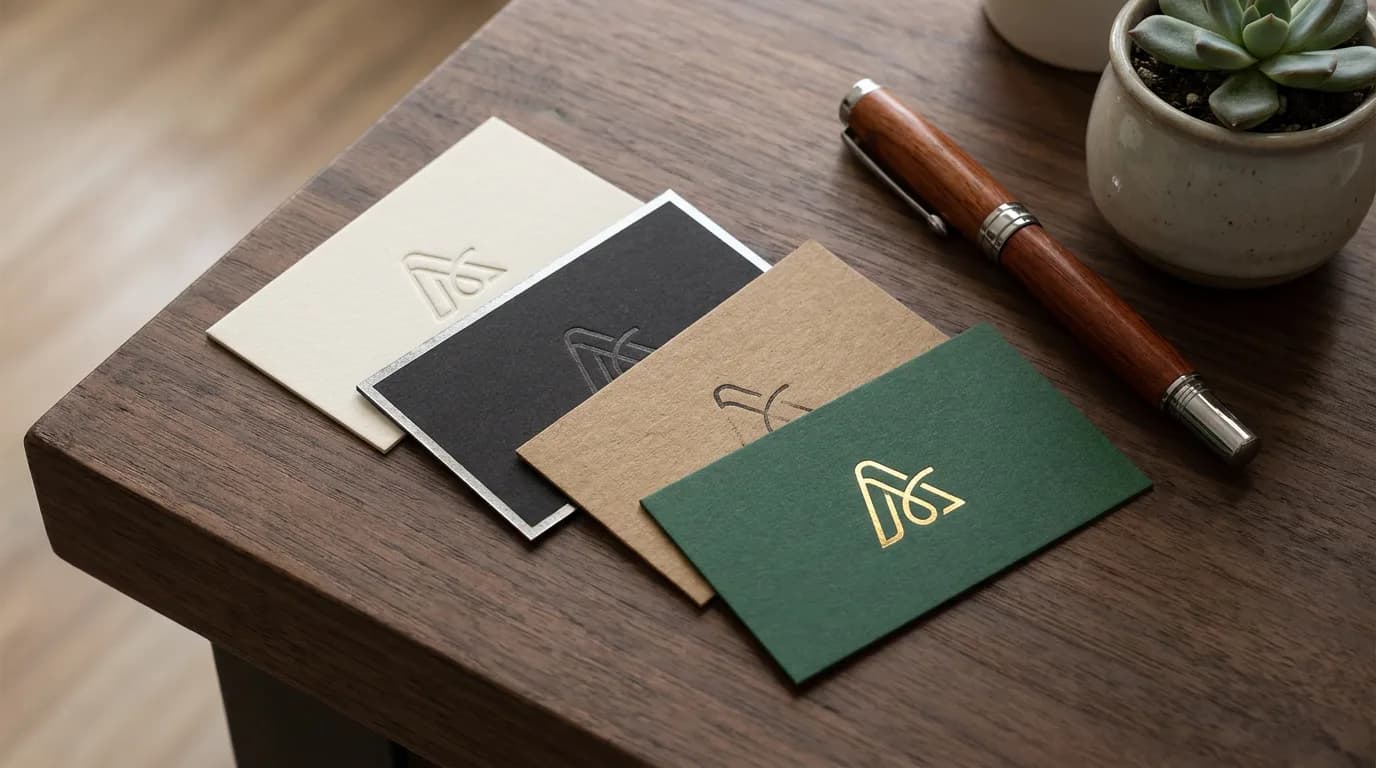 Several business cards in different paper stocks and colors fanned out on a dark wooden desk beside a fountain pen and a small plant
