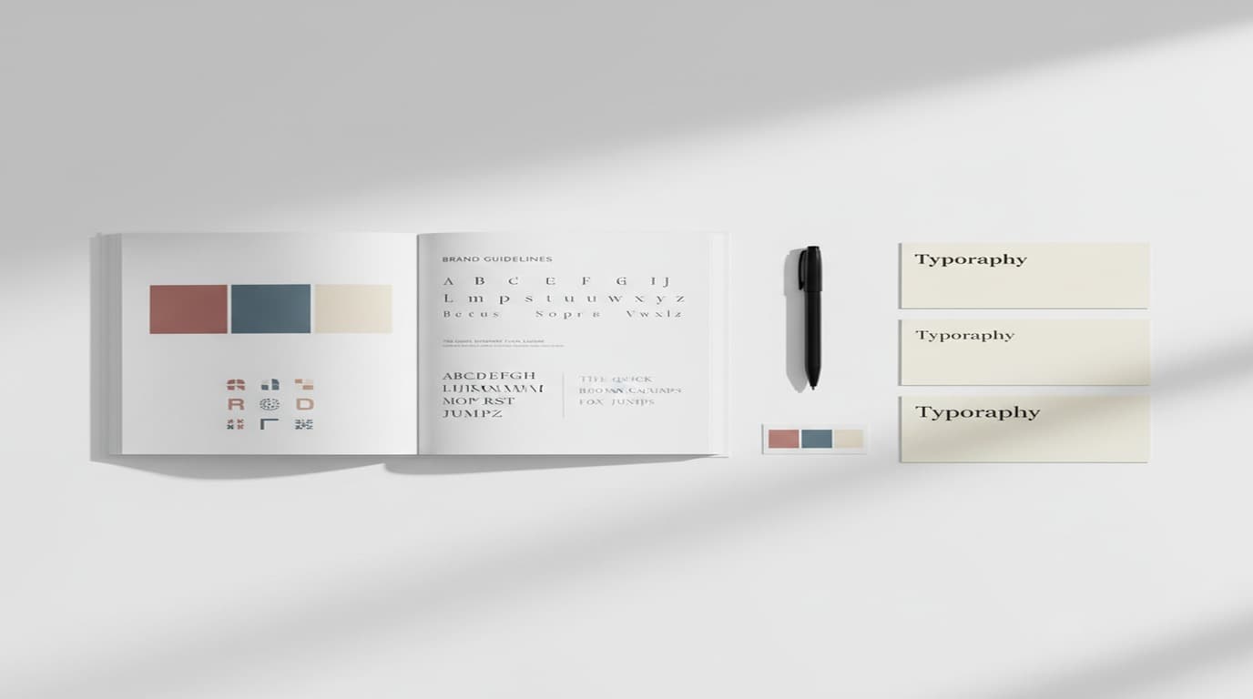 Open brand style guide showing color swatches, typography specimens, logo usage rules, and photography style references laid out on a clean white surface