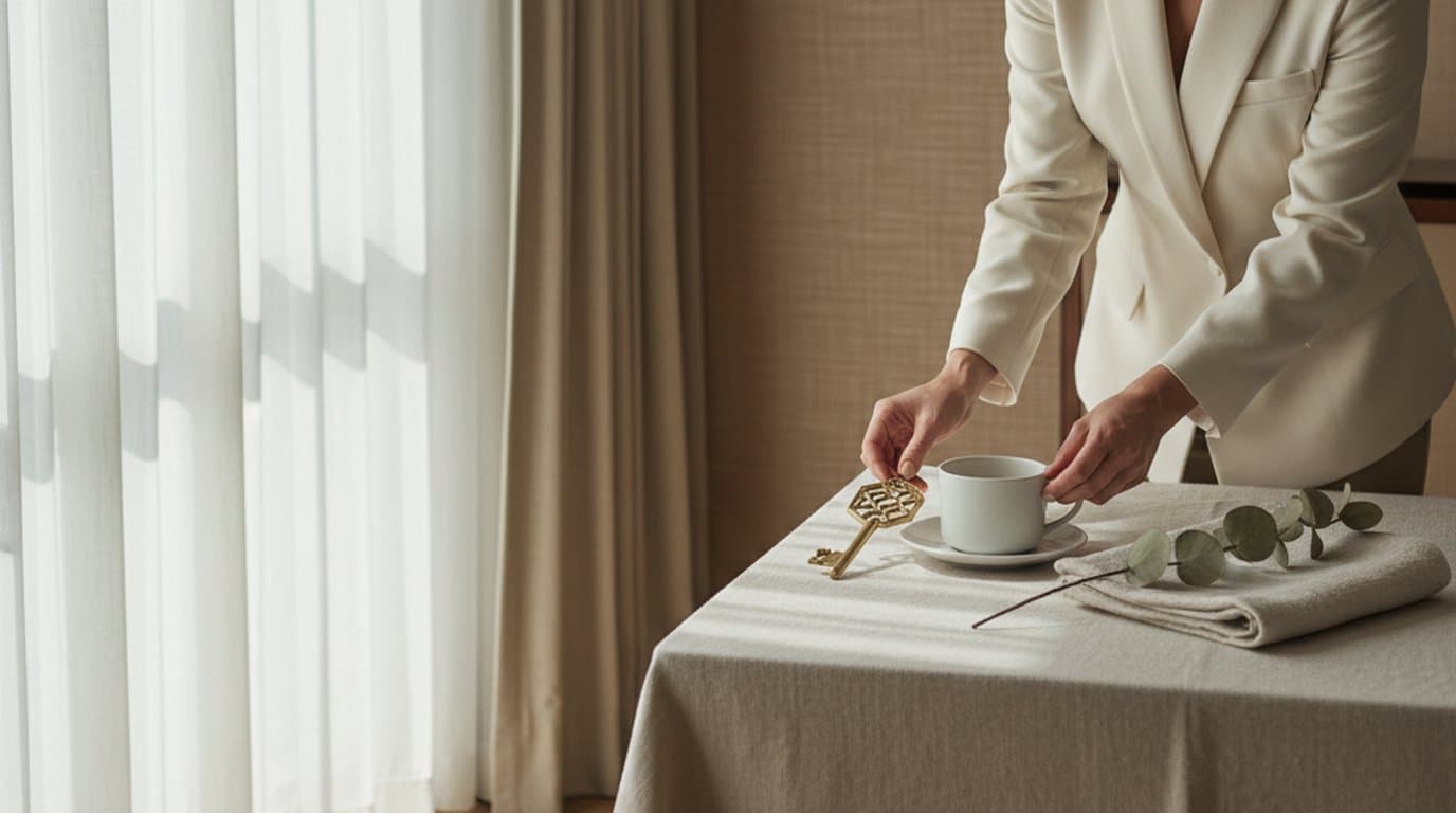 Brand director arranging a brass key, ceramic teacup, and folded linen towel on a creamy tabletop in a sunlit boutique hotel suite.