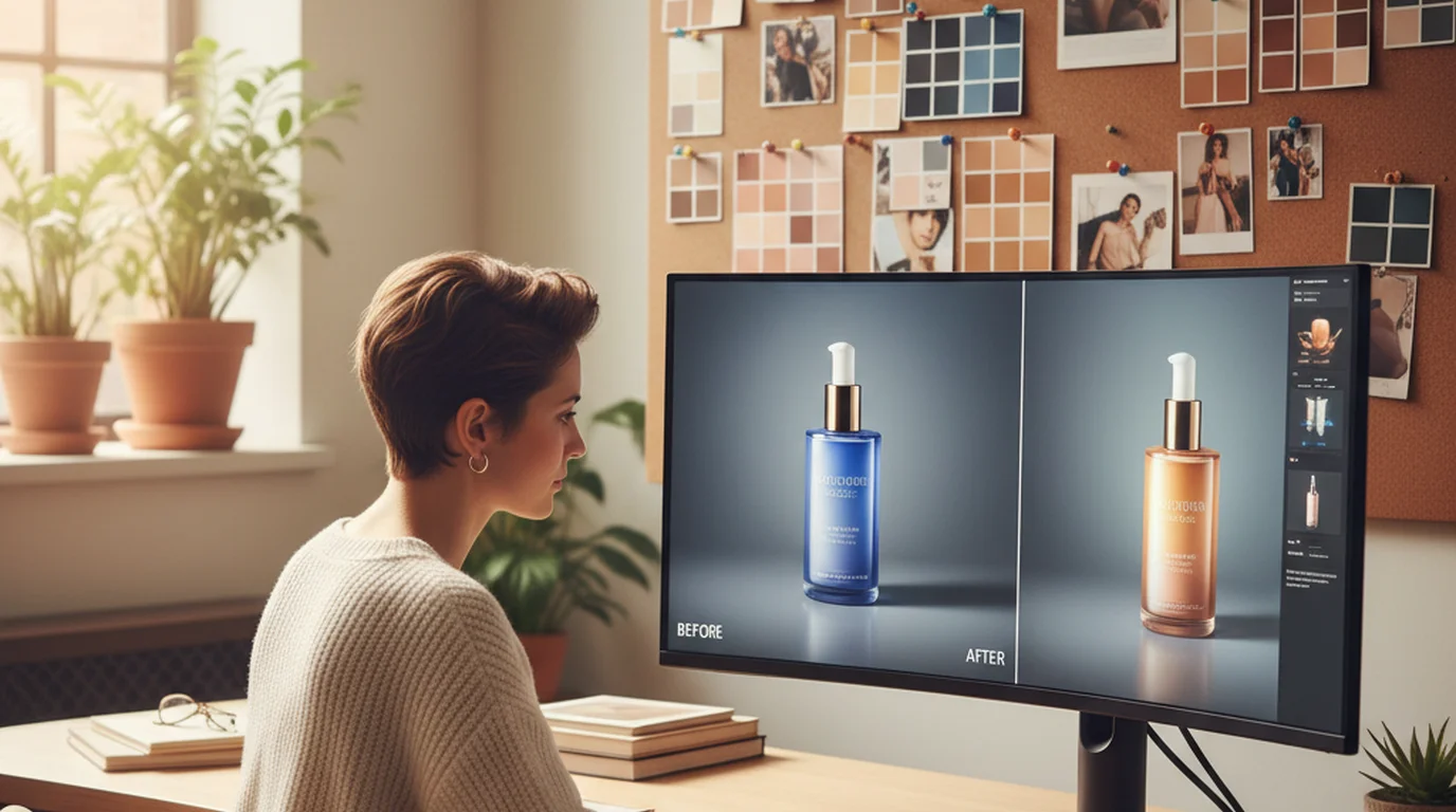 Brand content creator editing visuals on laptop in a bright studio with mood board behind her showing color palette and enhanced product photos