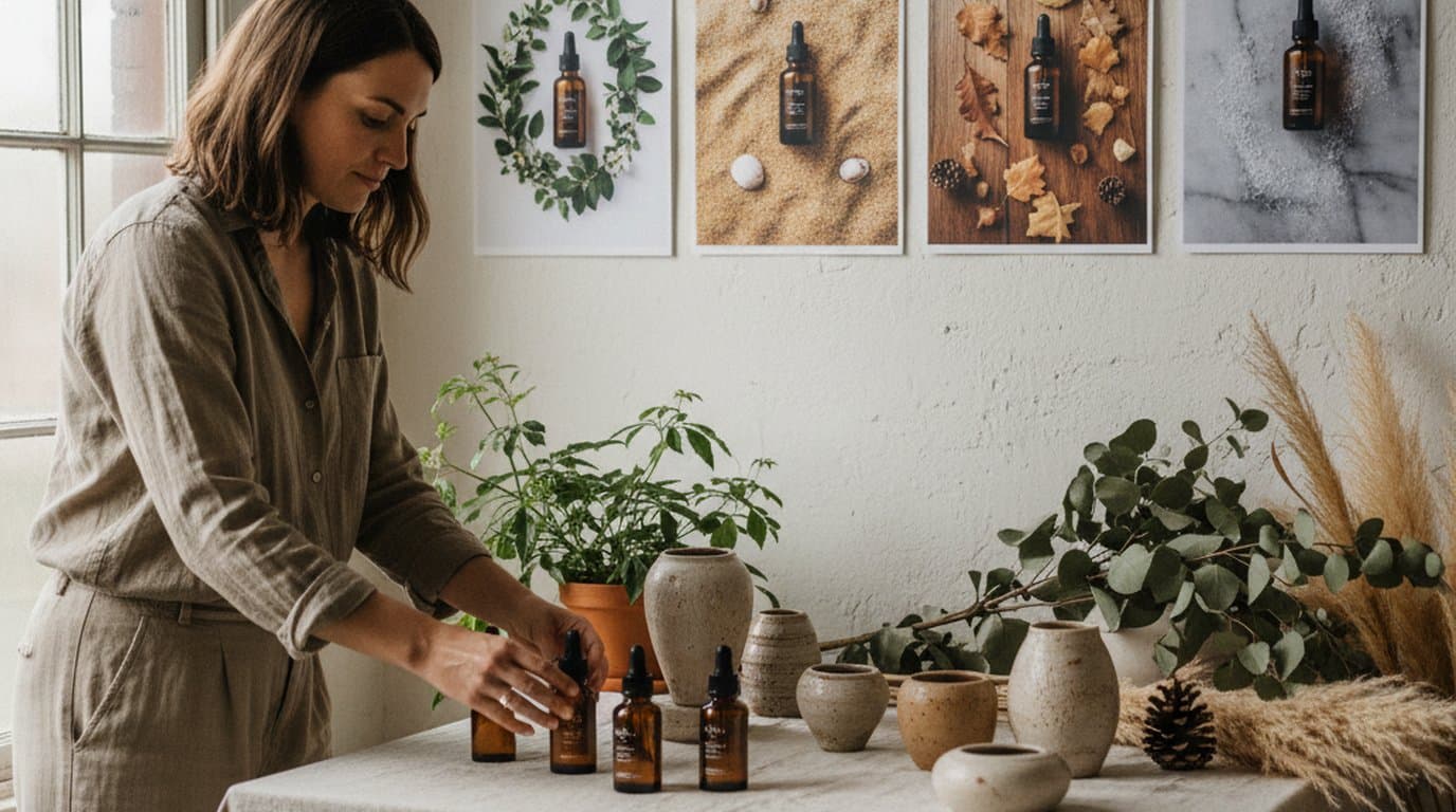Wellness brand team member arranging amber-glass dropper bottles beside printed seasonal flatlay variations on a linen-covered surface.