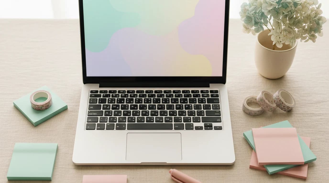 Pastel stationery flat lay around a laptop showing a soft gradient slide background for cute Google Slides themes