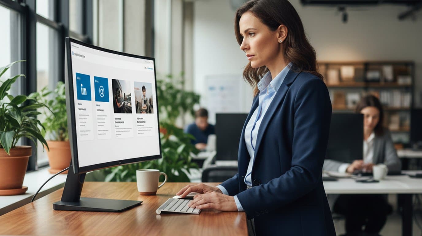 B2B SaaS marketing manager reviewing LinkedIn ad creative and organic post designs side by side on a large monitor in a modern open-plan office.