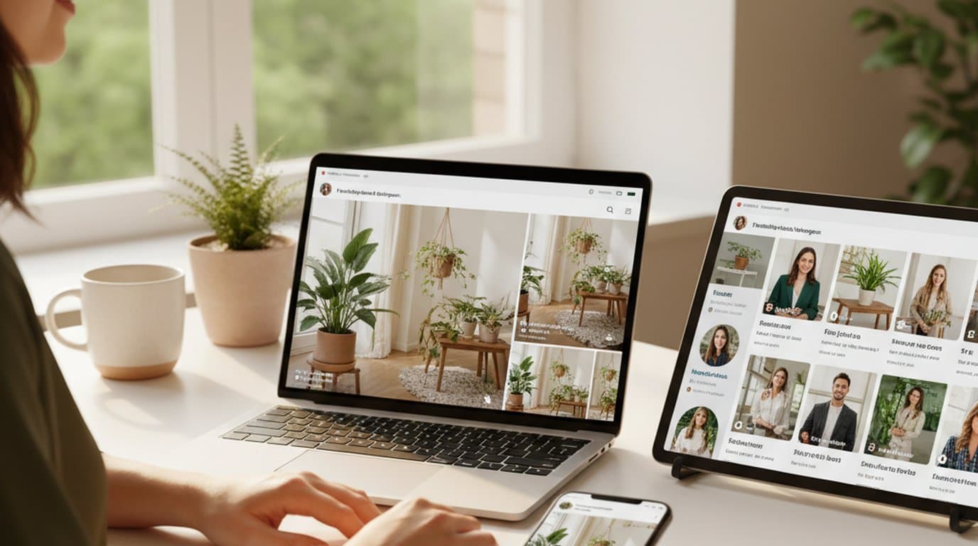 Lifestyle brand social media manager at a bright minimal desk with phone showing Instagram, laptop showing TikTok, and tablet showing LinkedIn, all displaying matching visual aesthetic.