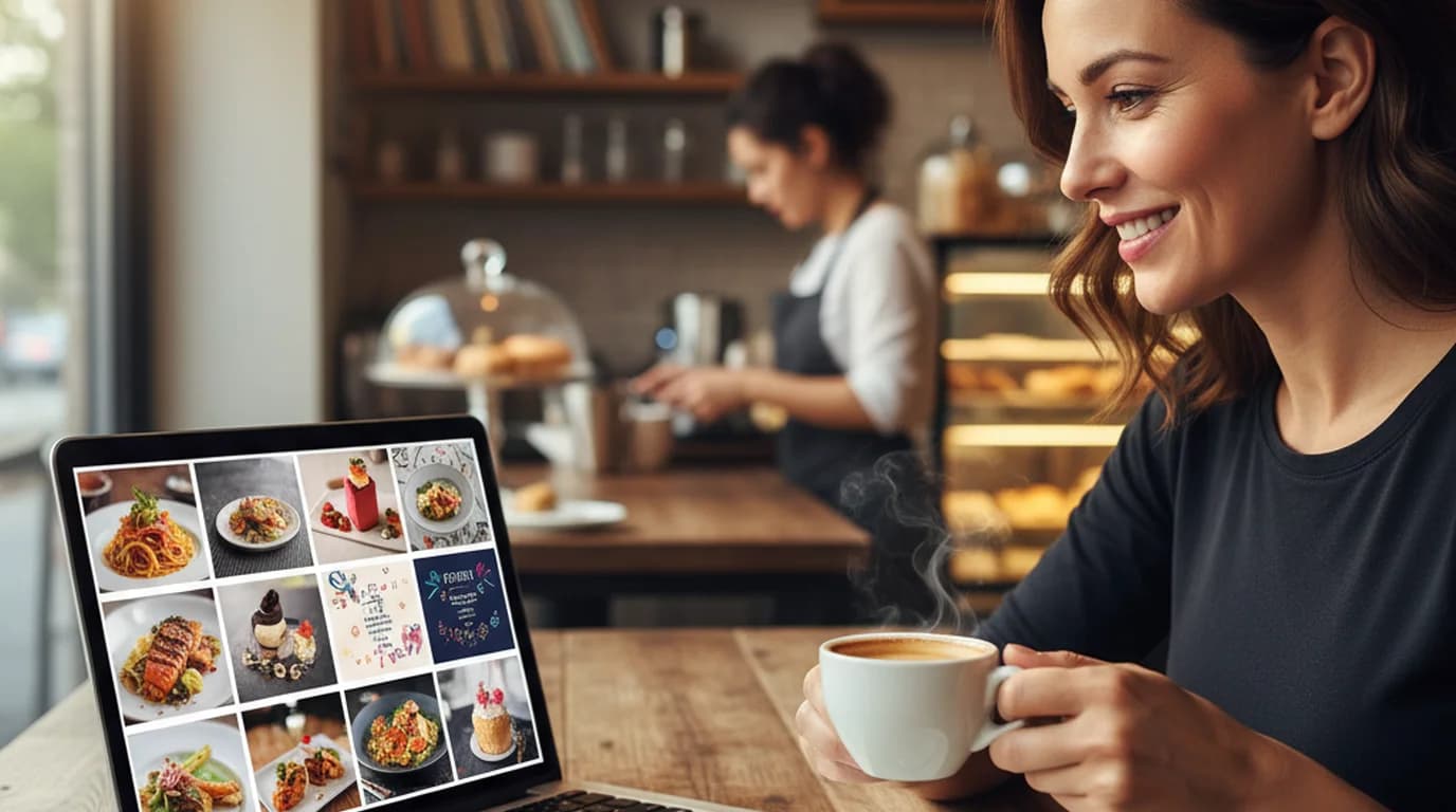 Small business owner at a cafe table using a laptop to generate AI marketing images for restaurant social media and event promotions