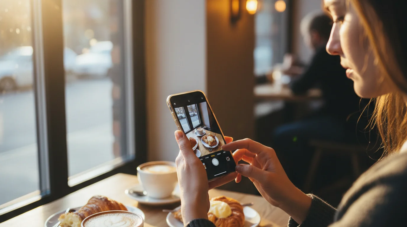 Person using smartphone to edit a lifestyle photo in a café, removing unwanted objects from the background, warm natural light