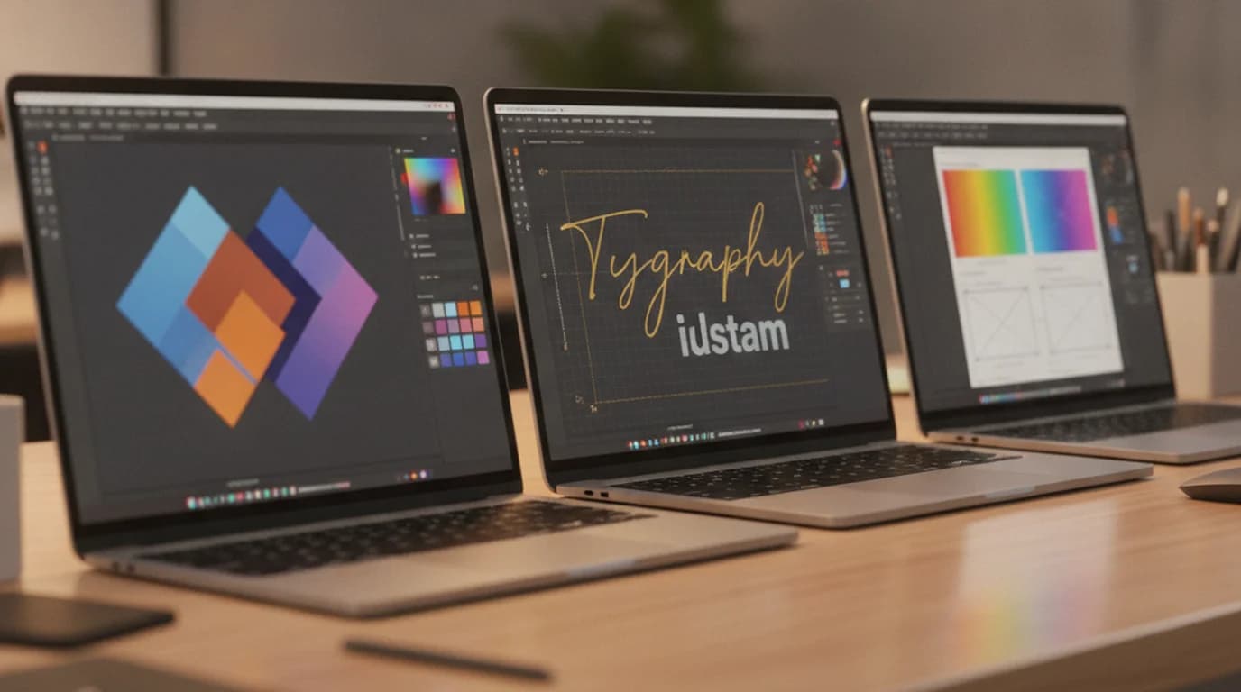 Three design tool interfaces displayed side by side on laptop screens showing graphic design workspaces with AI-generated brand templates