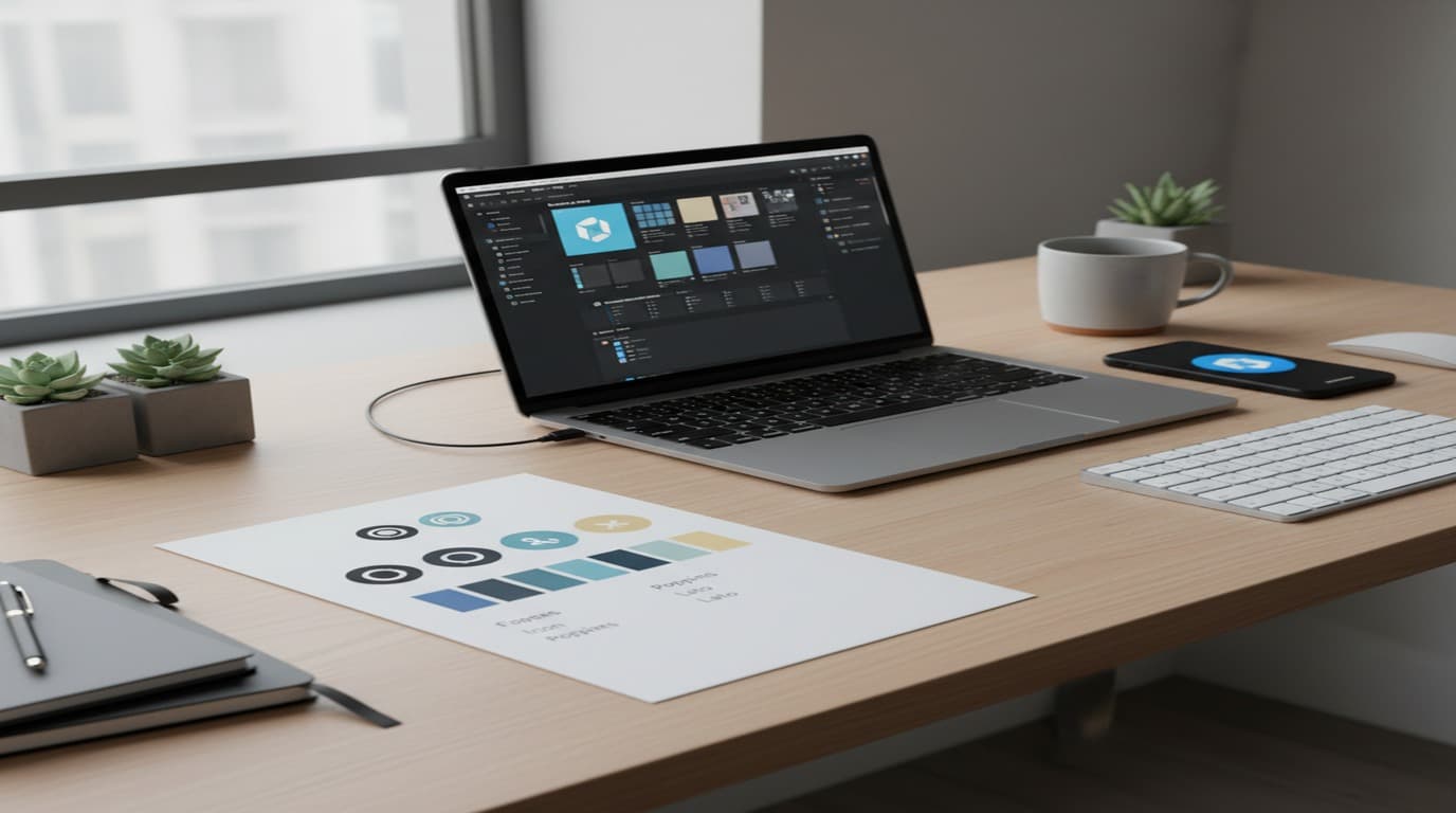 Startup brand guidelines document open on a desk showing logo variants, color palette, and typography — a practical one-page visual identity reference for a small team