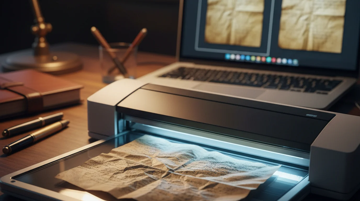 Flatbed scanner digitizing a creased old document with laptop showing AI-restored image comparison on screen