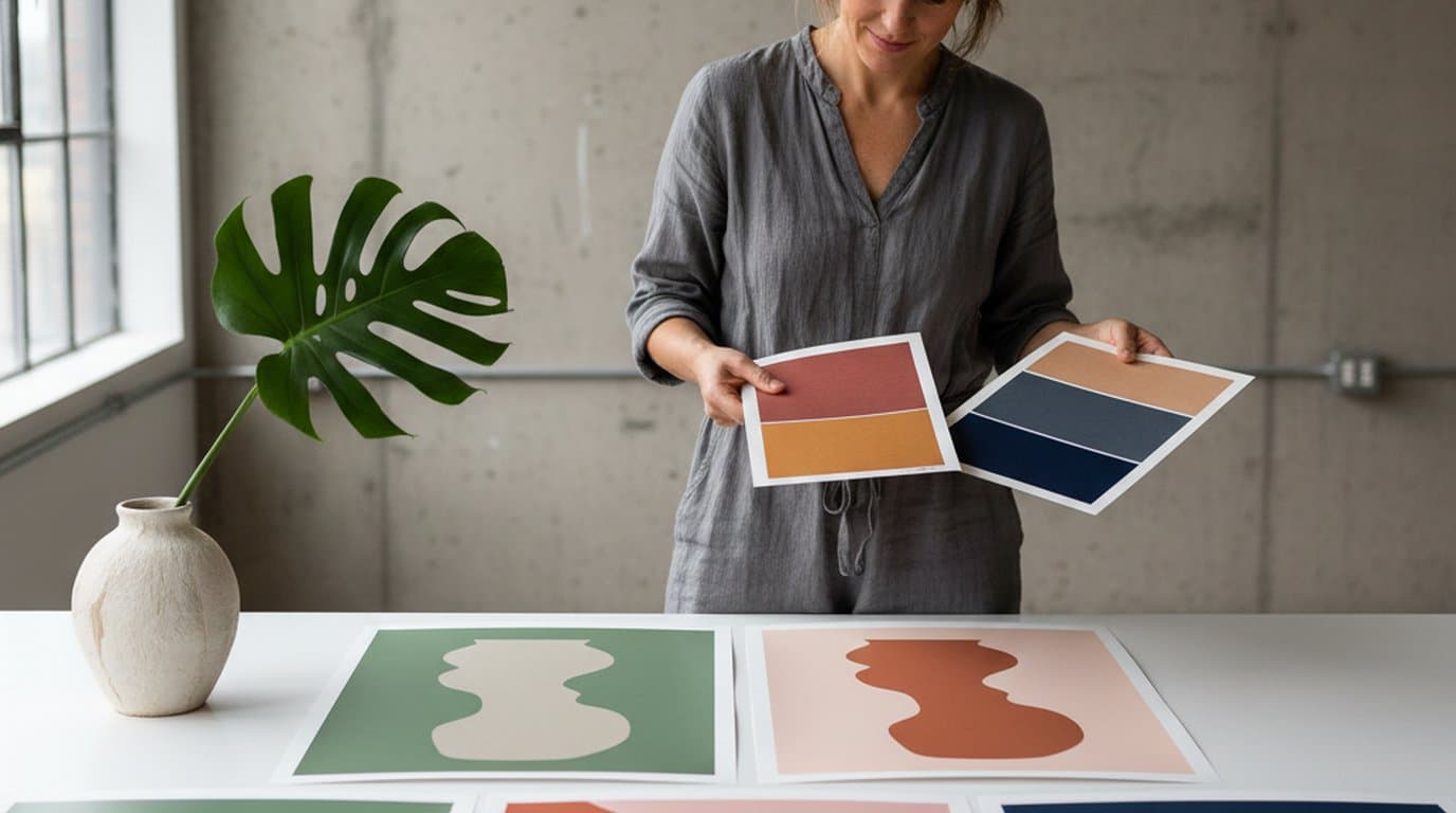 Lead designer at a Lisbon studio comparing two color swatches against four printed brand concept posters laid out on a white worktable.