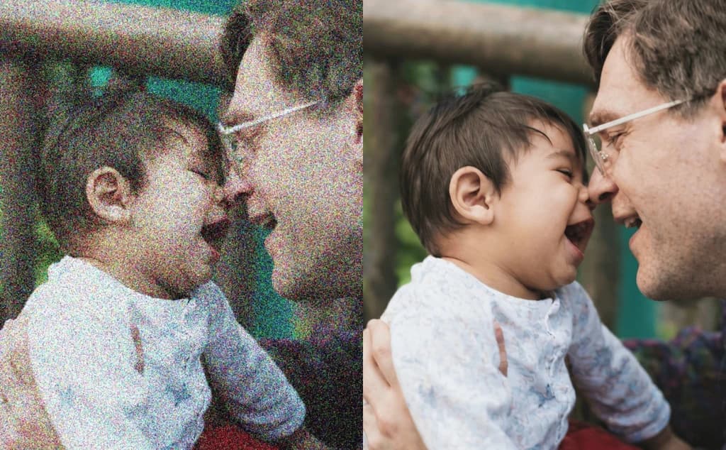 Before and after AI denoising — noisy photo on the left, clean denoised result on the right