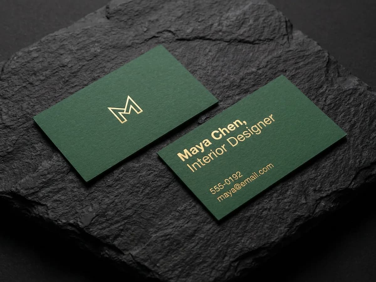 Frente y vuelta de una tarjeta de presentación minimalista sobre piedra pizarra: el frente muestra un pequeño logo geométrico dorado sobre verde profundo y la vuelta dice 'Maya Chen, Interior Designer' con teléfono y correo en tipografía sans serif limpia