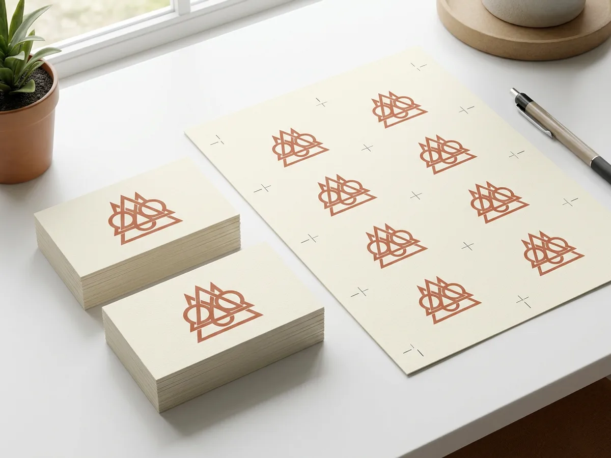 Pila ordenada de tarjetas de presentación impresas en color crema con un logo terracota sobre un escritorio blanco, junto a una prueba de impresión con marcas de corte visibles
