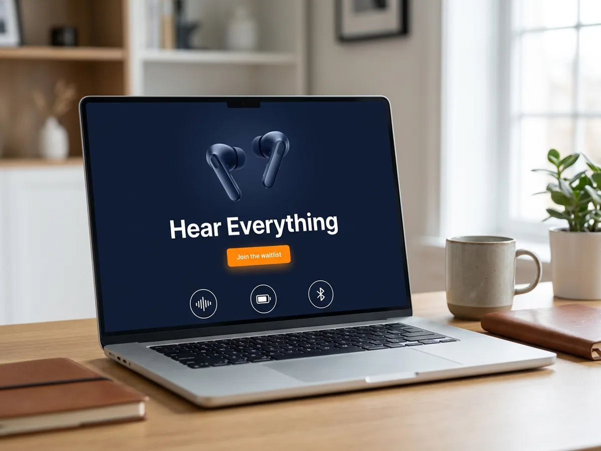 A laptop on a desk showing a wireless earbuds launch landing page with a dark navy hero, a floating product render, the headline 'Hear Everything', a bright 'Join the waitlist' button and three feature icons below