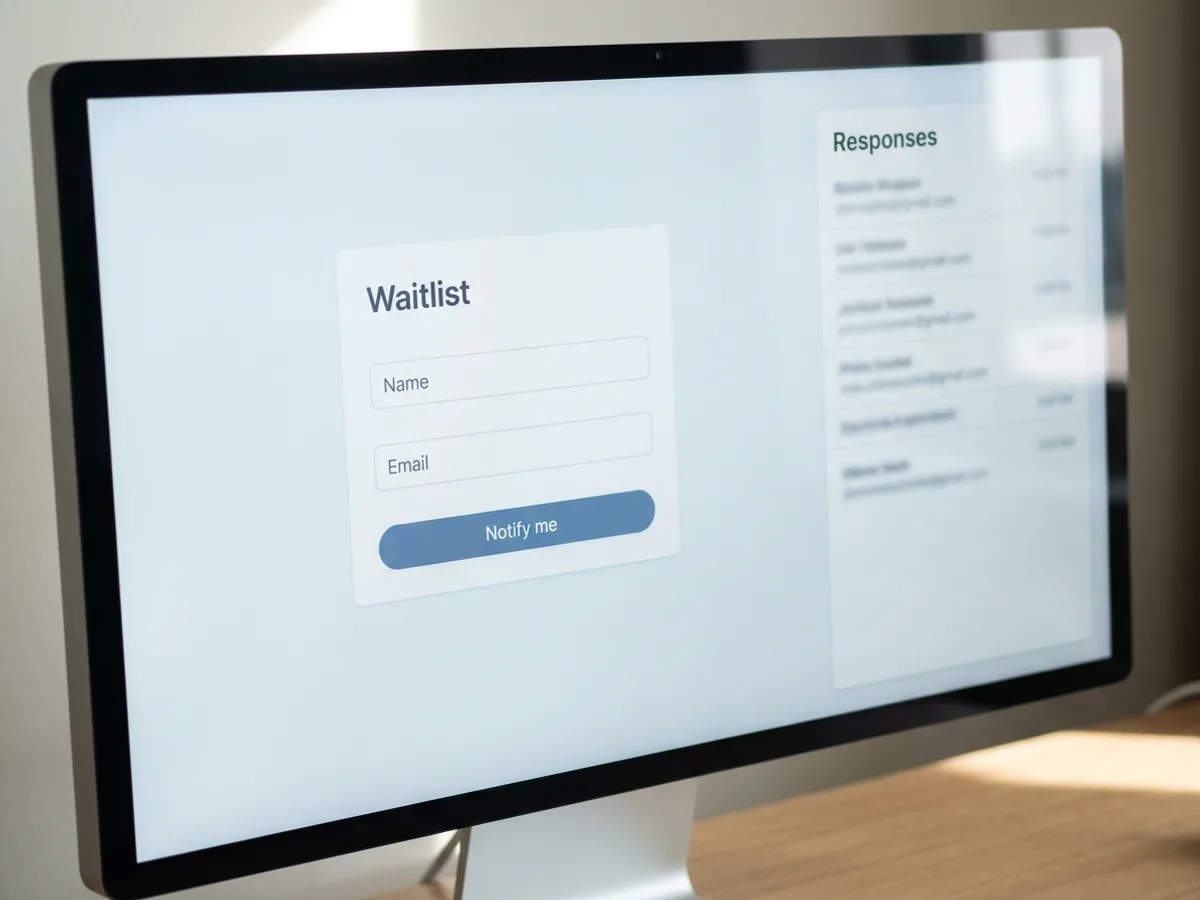 A clean waitlist form on a monitor with 'Name' and 'Email' fields and a 'Notify me' button, next to an editor side panel titled 'Responses' listing a few rows