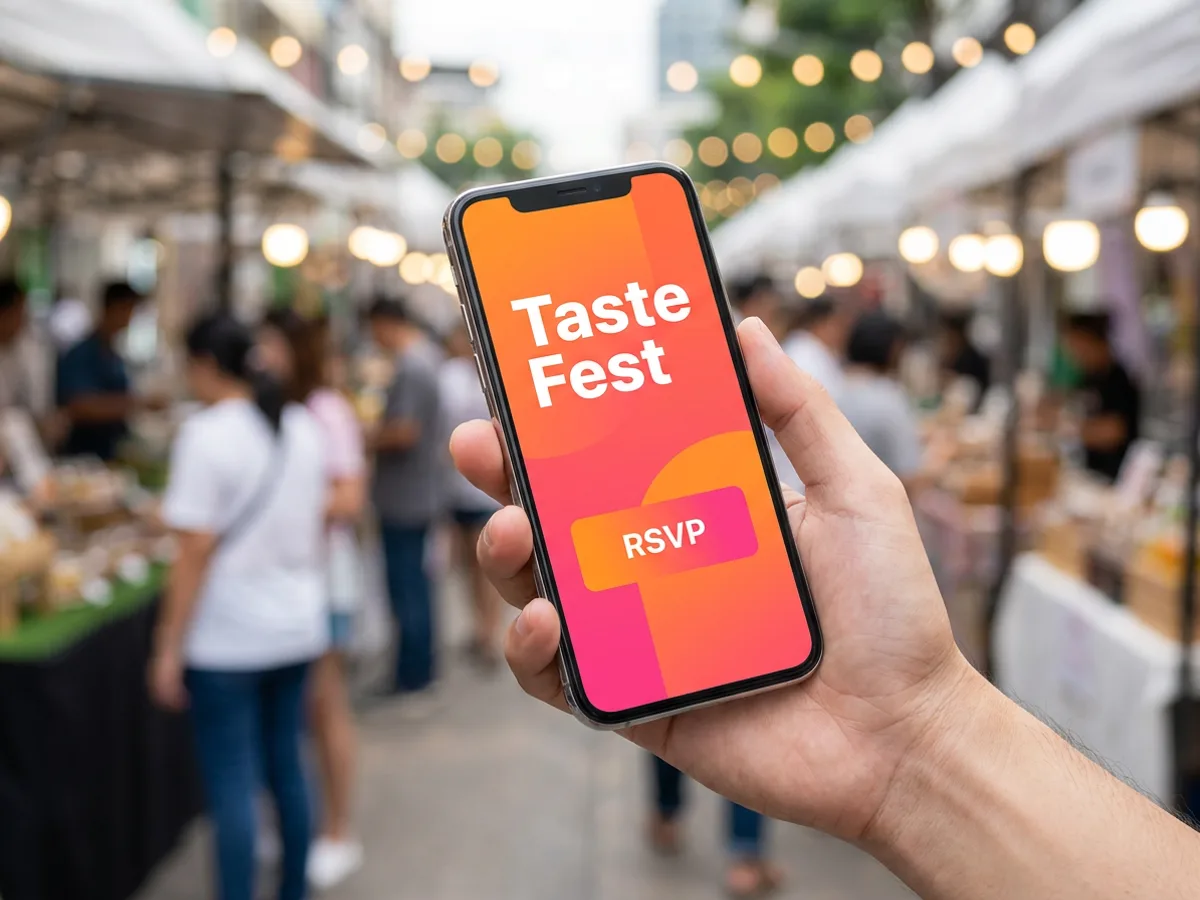 A hand holding a smartphone showing a mobile landing page for a weekend food festival in bright orange and pink, with the headline 'Taste Fest' and an 'RSVP' button, against a blurred outdoor market