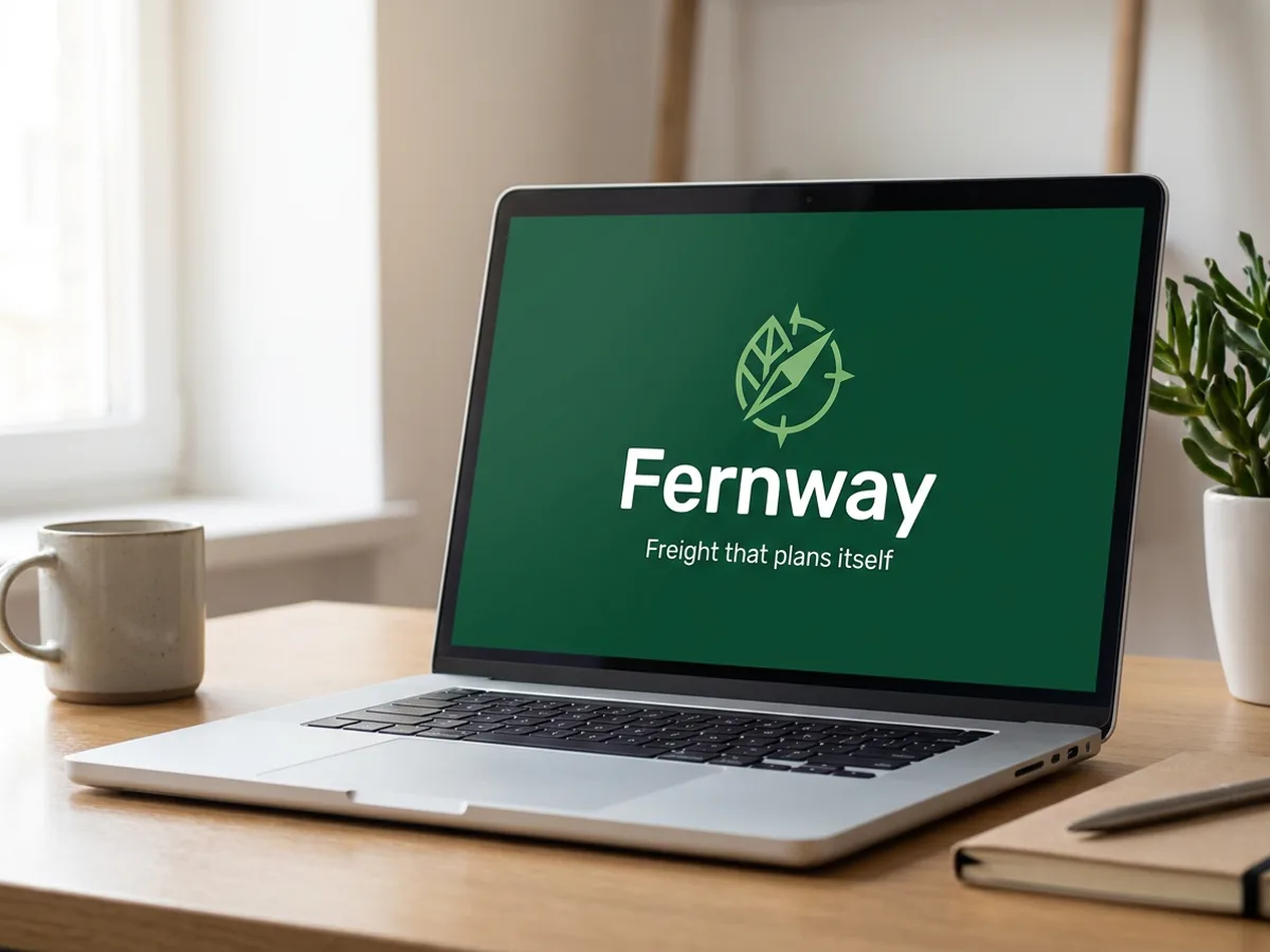 A laptop on a startup office desk showing a pitch deck title slide with the bold headline 'Fernway', the tagline 'Freight that plans itself' and a simple geometric logo on a deep green background, in soft light