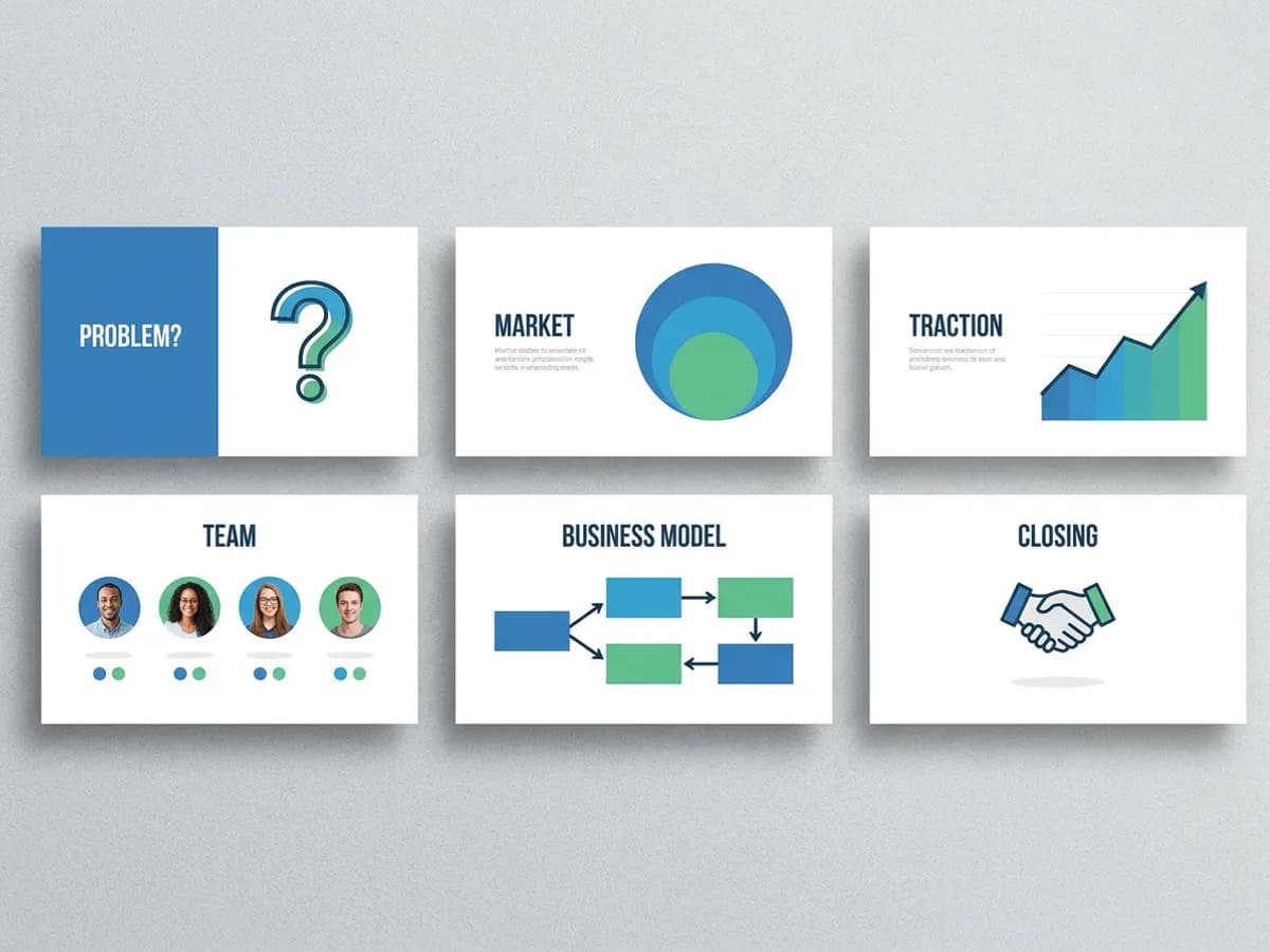 A grid of six presentation slide thumbnails on a light gray background: a problem slide, a market size slide with three nested circles, a traction slide with a rising line chart, a team slide with round portraits, a business model slide with connected blocks and a closing slide with a handshake icon, in clean flat design