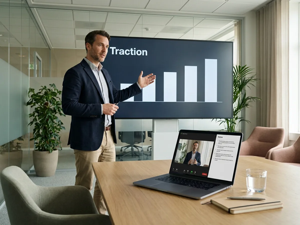 A founder presenting in a small meeting room with a large screen behind showing a slide titled 'Traction' with a simple bar chart, and a laptop in front displaying a speaker view with notes
