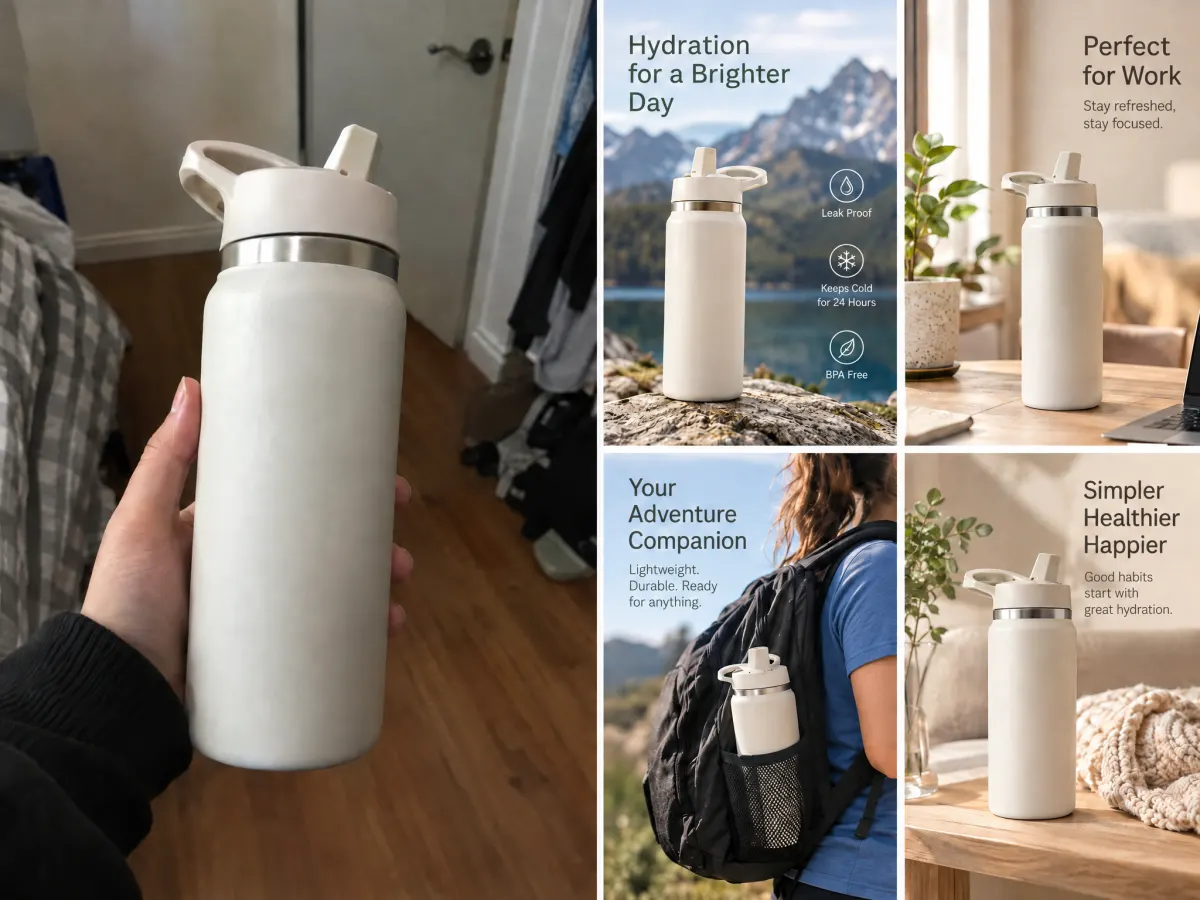 A phone photo of a white water bottle held in a hallway beside four finished detail-page modules, each pairing the same bottle with a headline