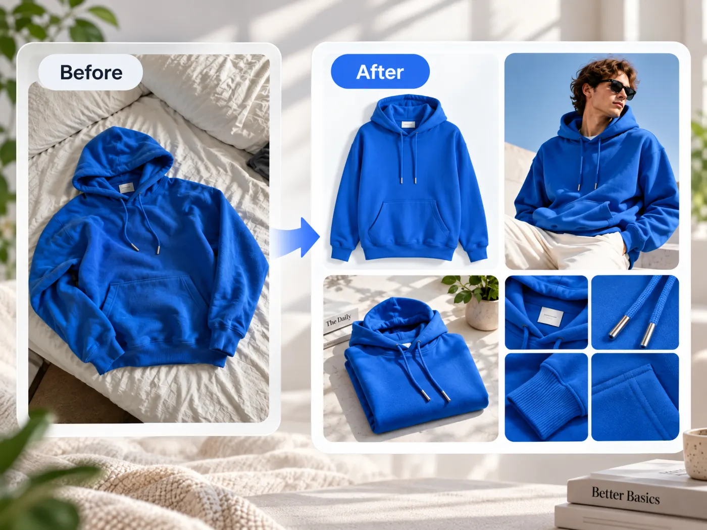 A phone photo of a blue hoodie on a bed beside a finished listing set — packshot, on-model shot, styled flat lay and fabric detail crops.