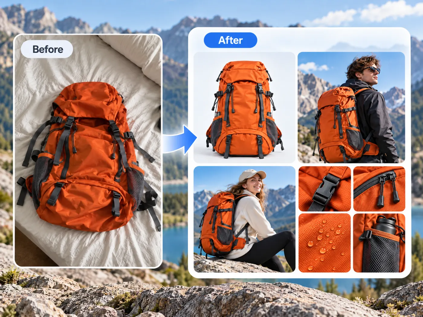 An orange hiking backpack shot on a bed beside listing modules showing it on white, worn outdoors, and in close crops of its buckles and fabric.