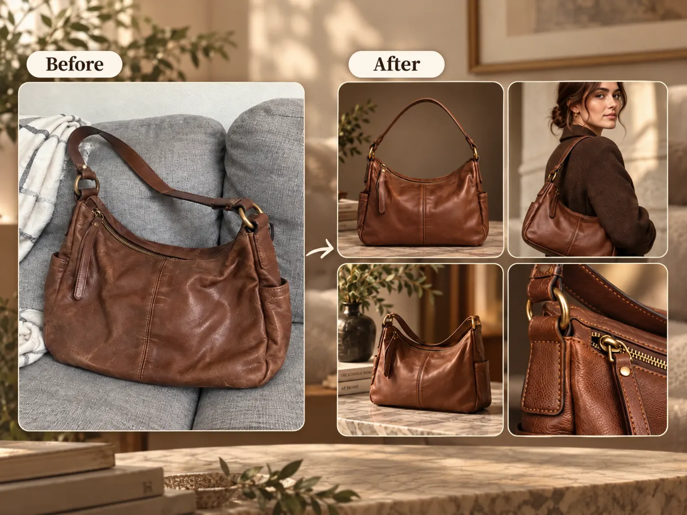 A brown leather shoulder bag photographed on a sofa beside detail-page modules showing it on white, carried by a model, styled, and in hardware close-up.