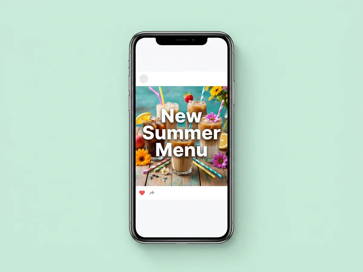 A smartphone on a pastel background showing an Instagram-style feed post for an iced coffee brand, with a colorful product photo and the bold headline New Summer Menu