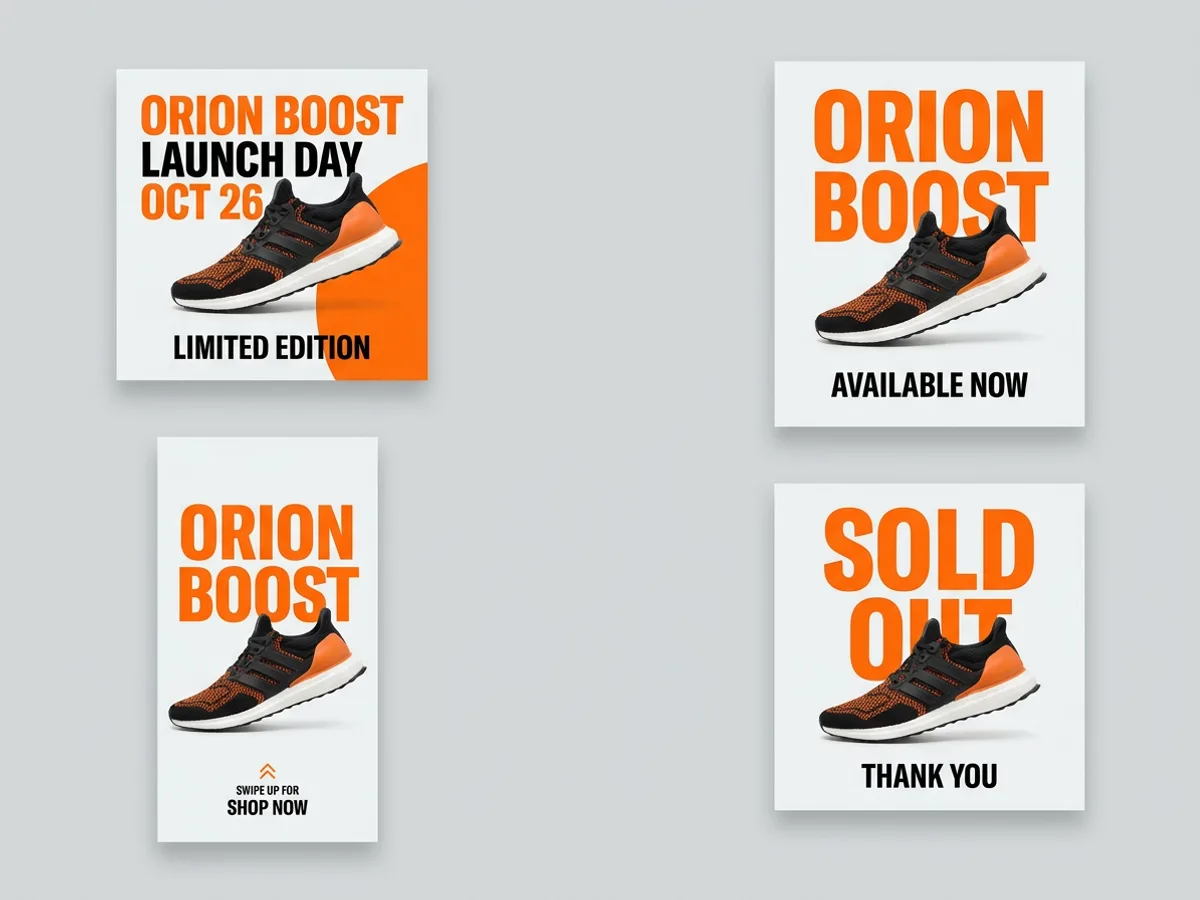 Four social media designs for the same sneaker launch in a grid on a light gray background: a square key visual, a 4:5 supporting post, a 9:16 story and a follow-up post, all in matching orange and black