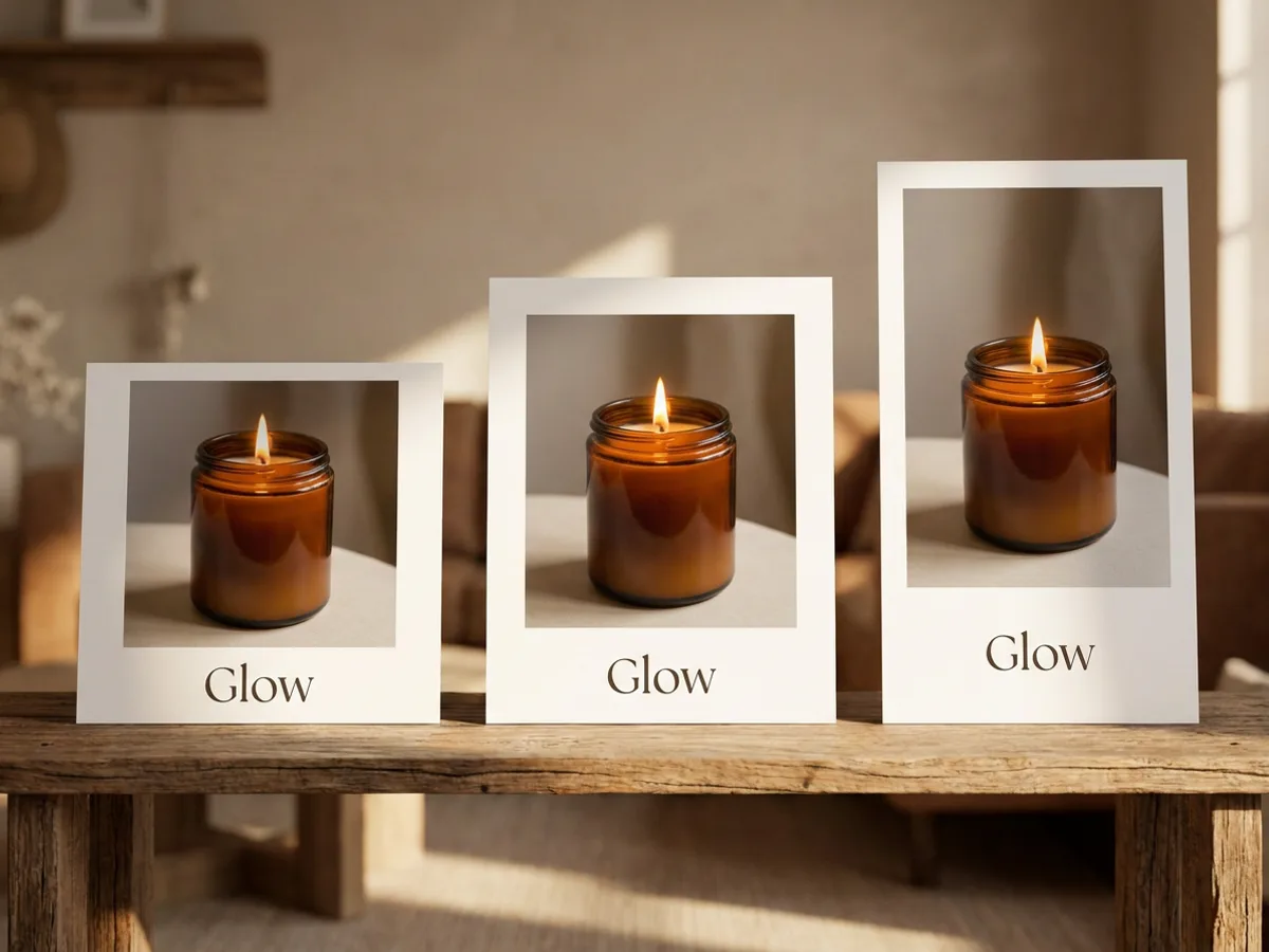 Three versions of the same candle brand post in 1:1, 4:5 and 9:16 sizes standing side by side as printed cards on a wooden shelf