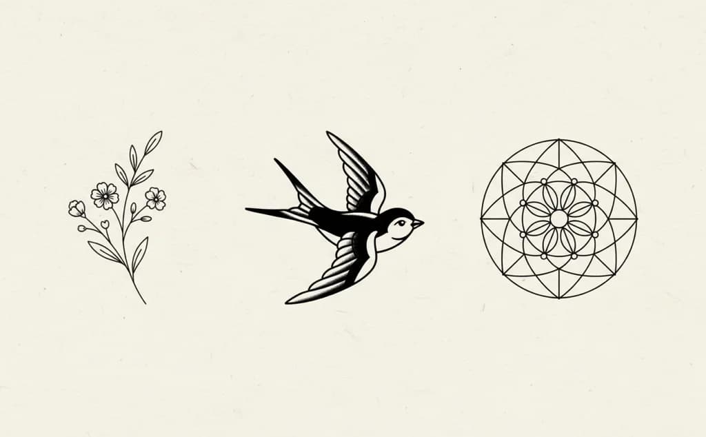 Three AI-generated tattoo designs on a flash sheet — a fine-line botanical sprig, a traditional swallow, and a geometric mandala