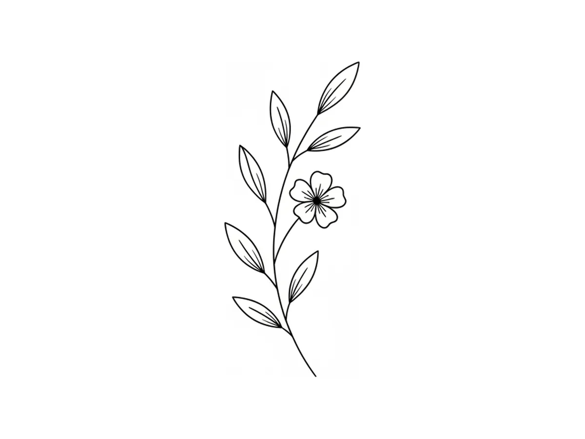 An AI-generated fine-line tattoo design — a delicate botanical branch drawn in uniform black strokes on white