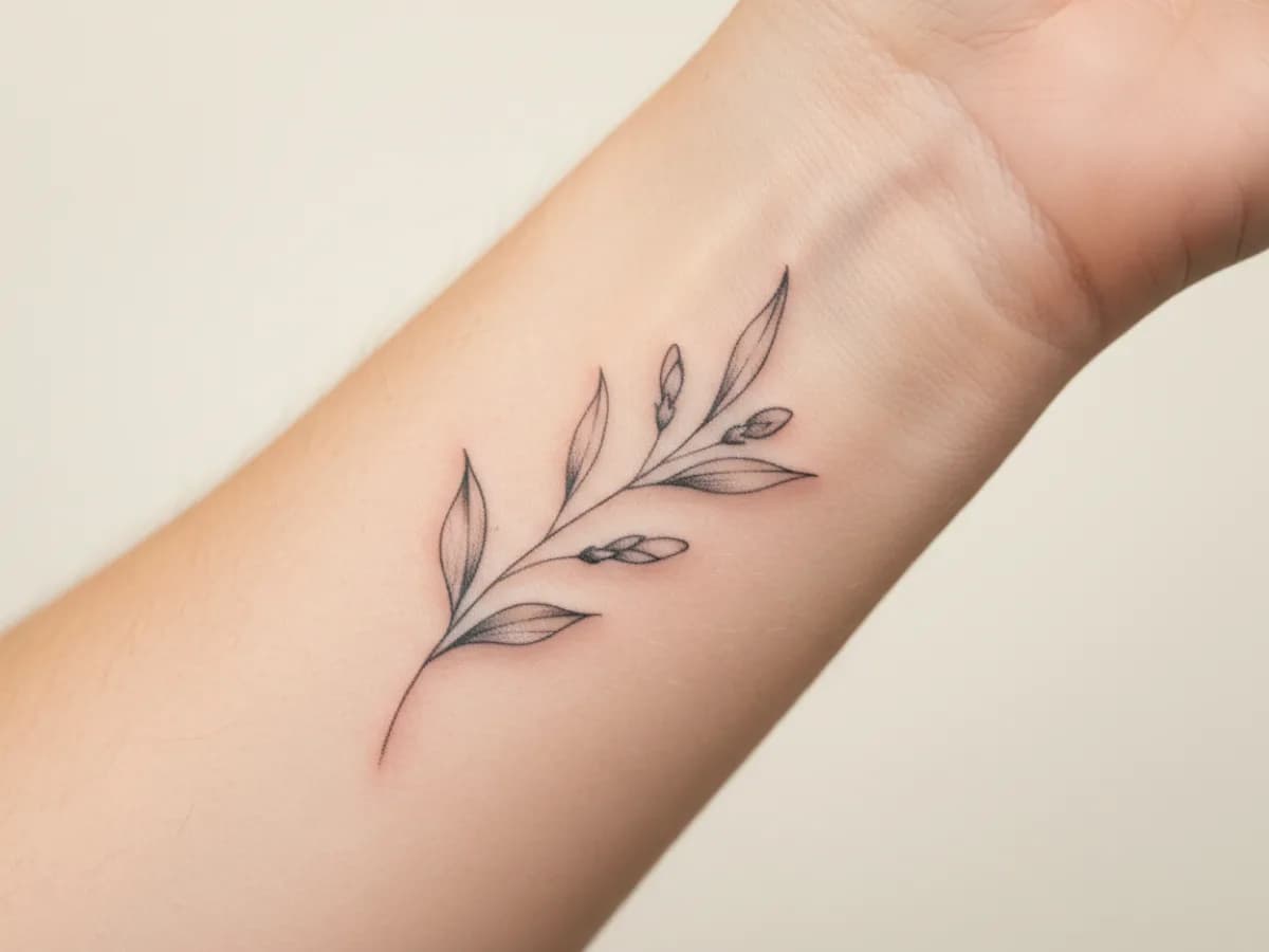 A delicate fine-line botanical tattoo shown on a forearm to check scale and placement