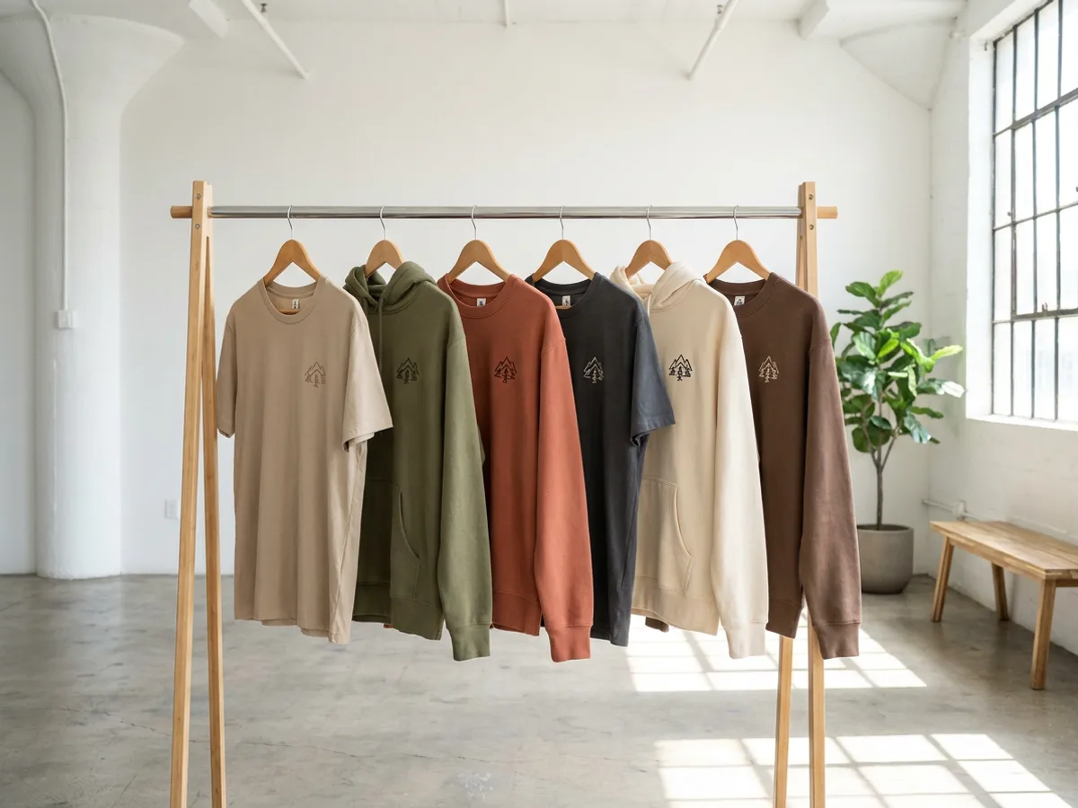 A clothing rack in a bright studio with six garments, t-shirts, hoodies and sweatshirts, in a coordinated earth-tone palette, each with the same small chest logo