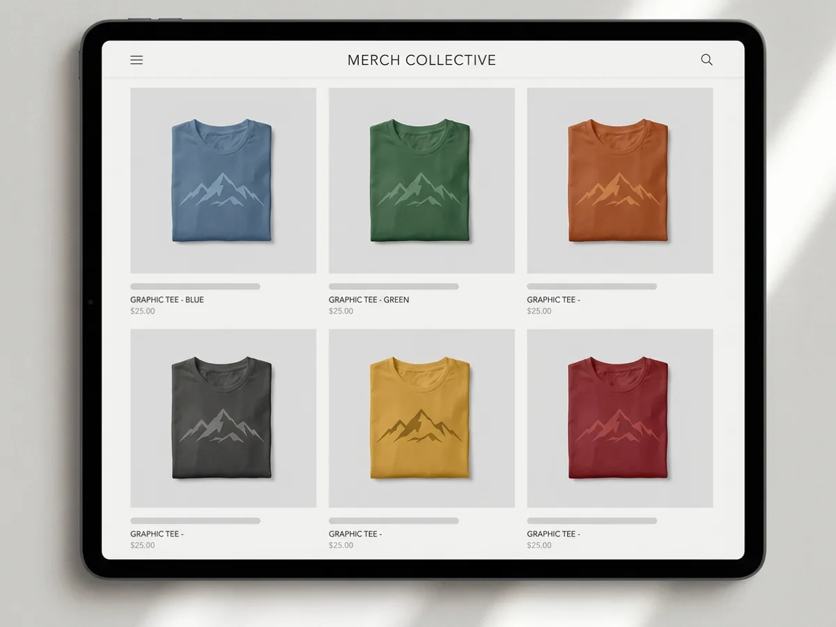 A grid of six square product images for an online merch store, each a garment mockup on a clean light background with the same graphic in different colors