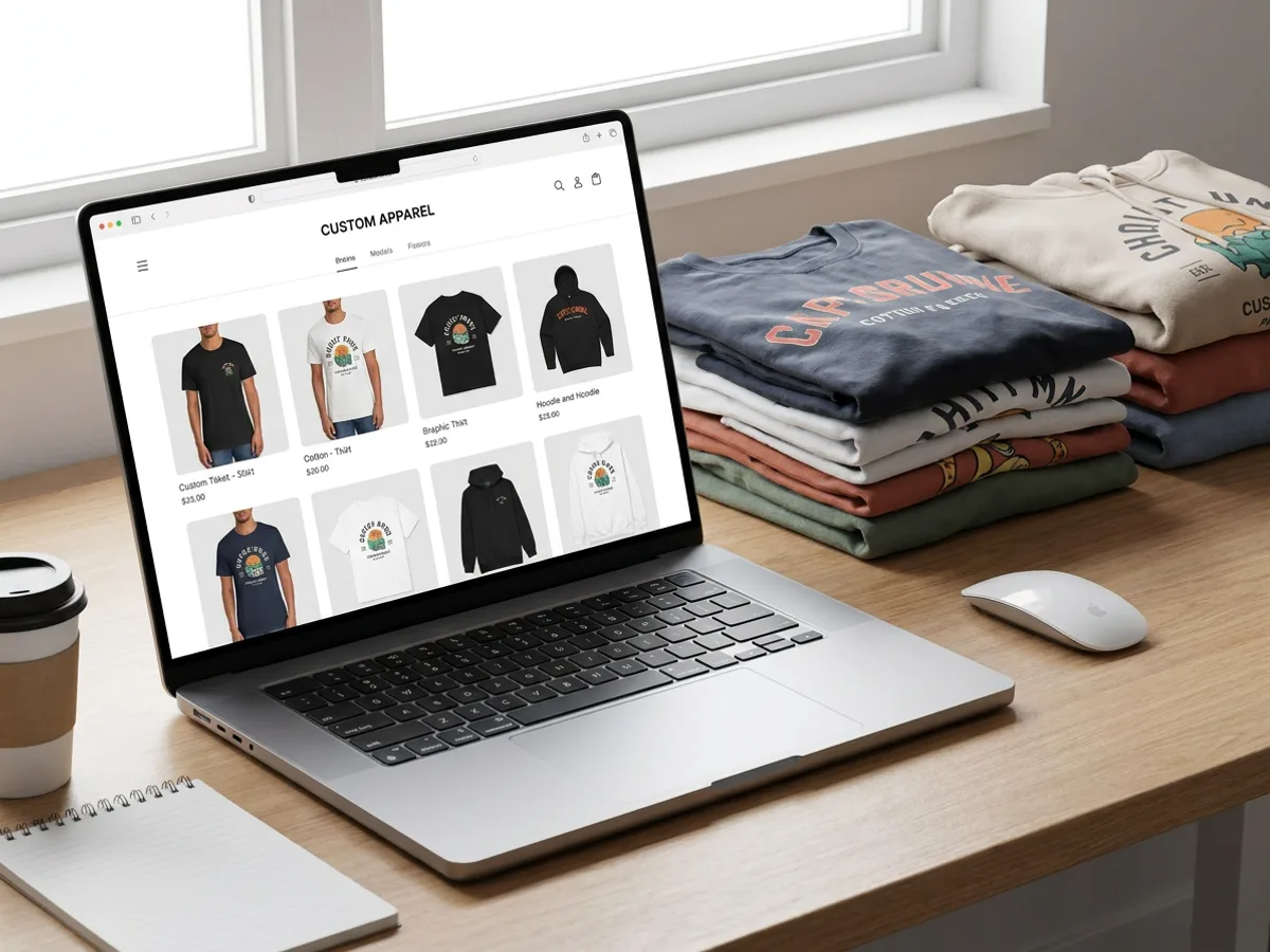 A laptop showing a print-on-demand style shop page with product cards of tees and hoodies using mockup images, next to folded real garments