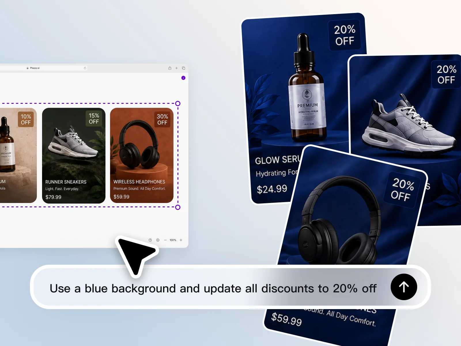 AI batch photo editor applying one prompt — blue background and 20% off badges — across several product images at once.