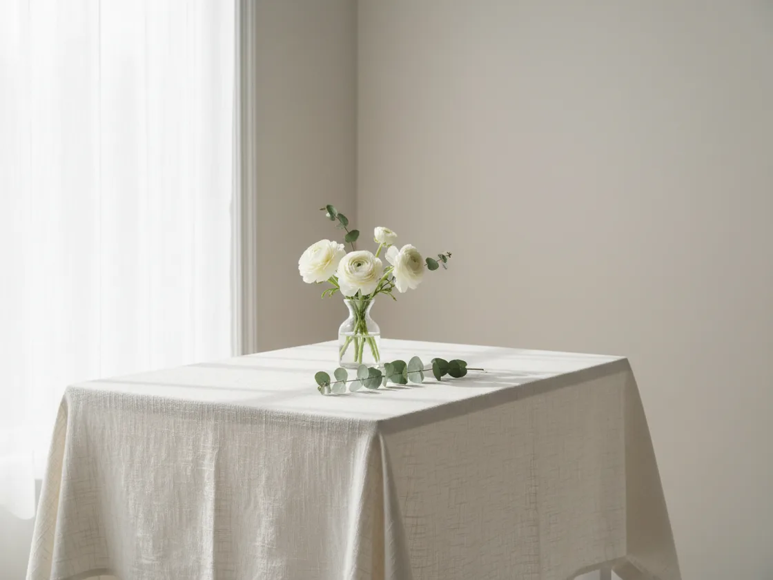 A well-exposed bright photo of a linen table with white flowers in clean natural daylight.