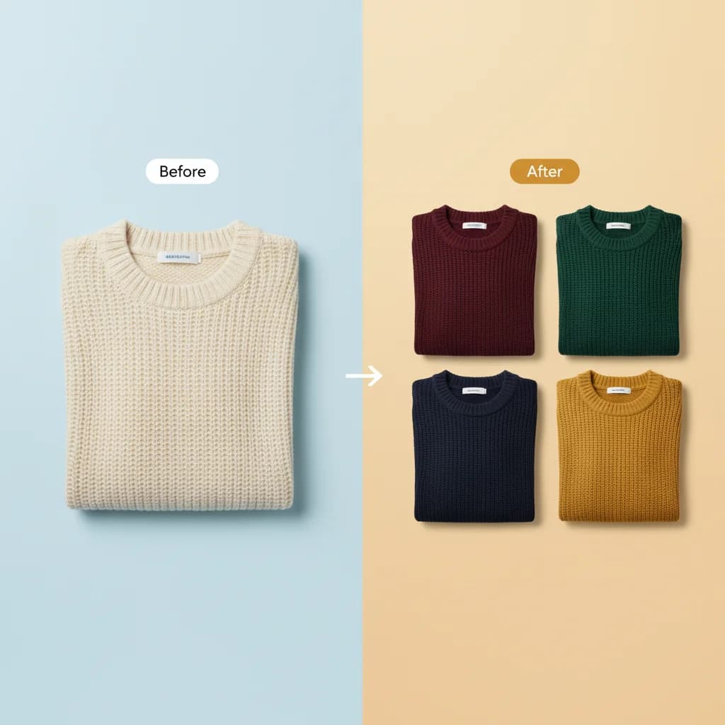 A cream knit sweater beside the same sweater generated in burgundy, green, navy and mustard with identical folds and lighting