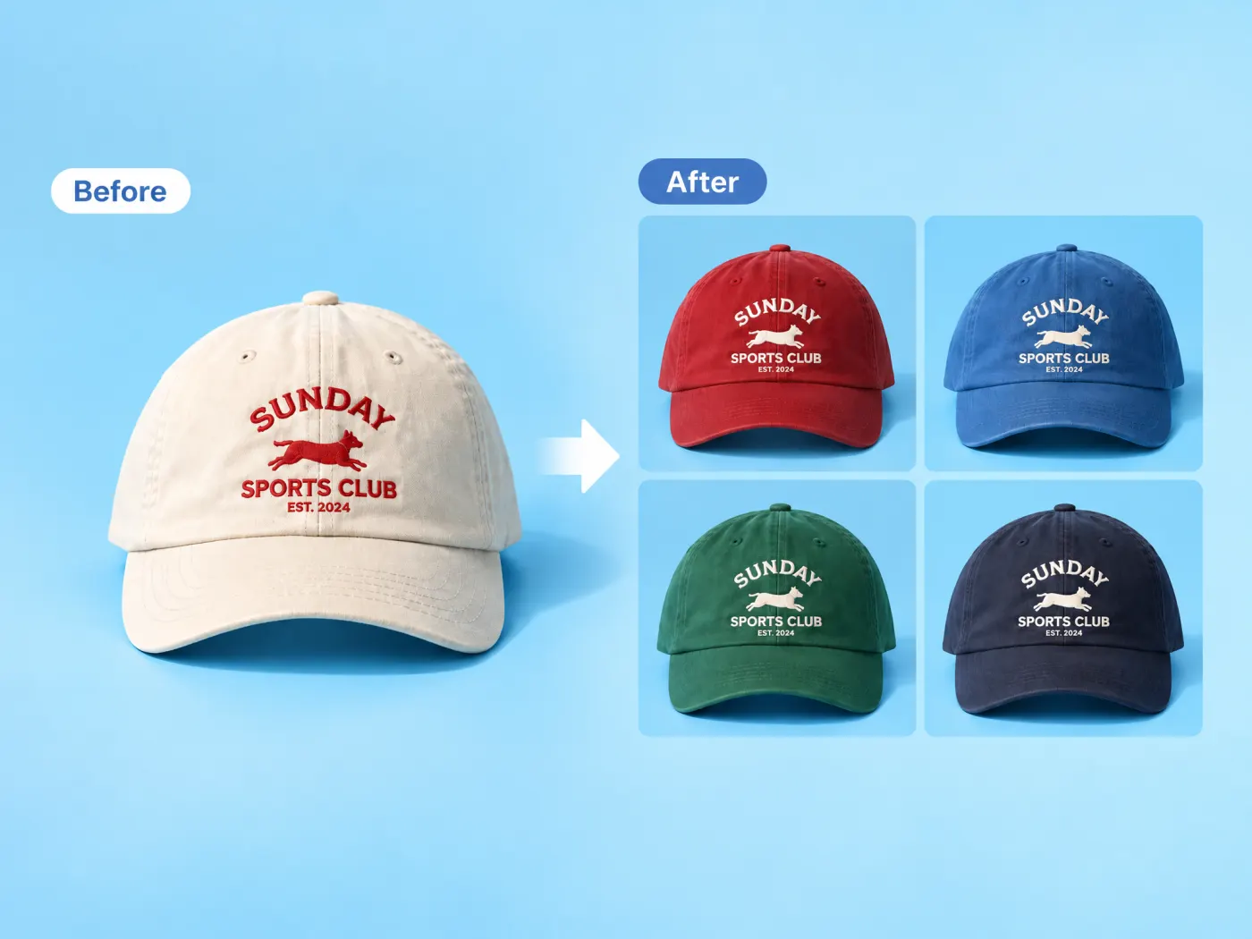 A cream embroidered baseball cap beside the same cap generated in red, blue, green and navy with identical embroidery.