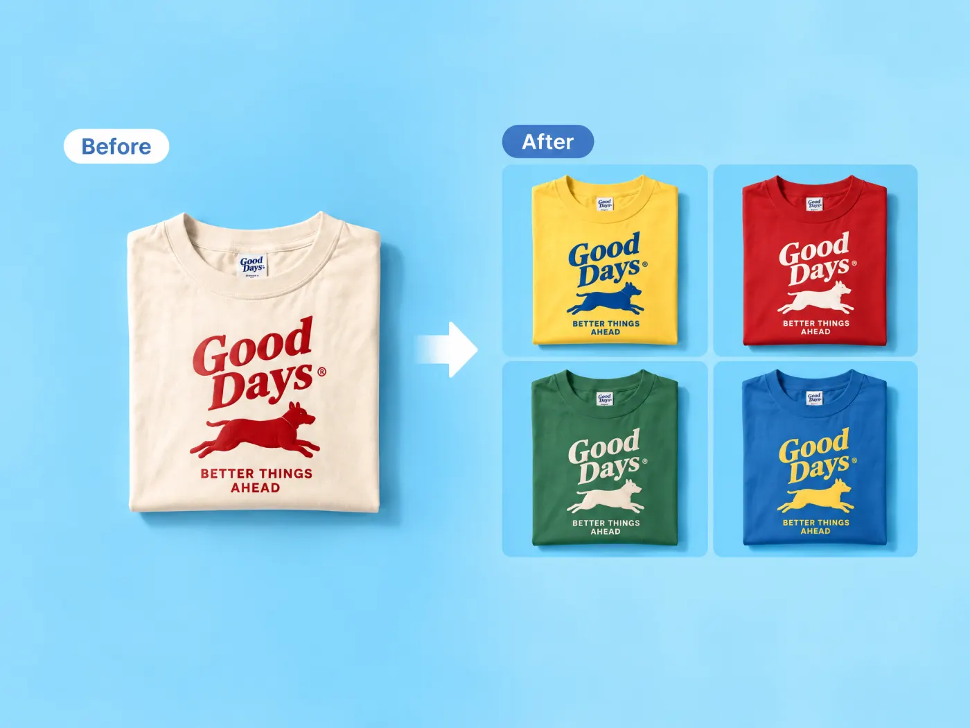 A folded cream printed t-shirt beside the same shirt in yellow, red, green and blue with the chest print unchanged.