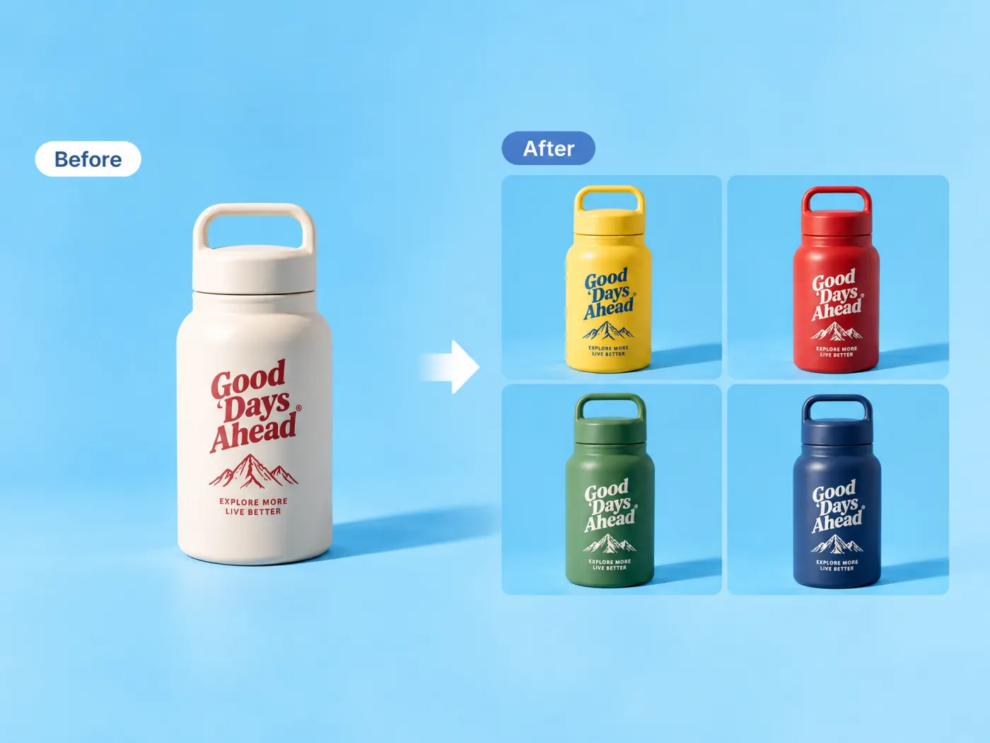 A cream branded water bottle beside the same bottle in yellow, red, green and navy with the printed logo unchanged.