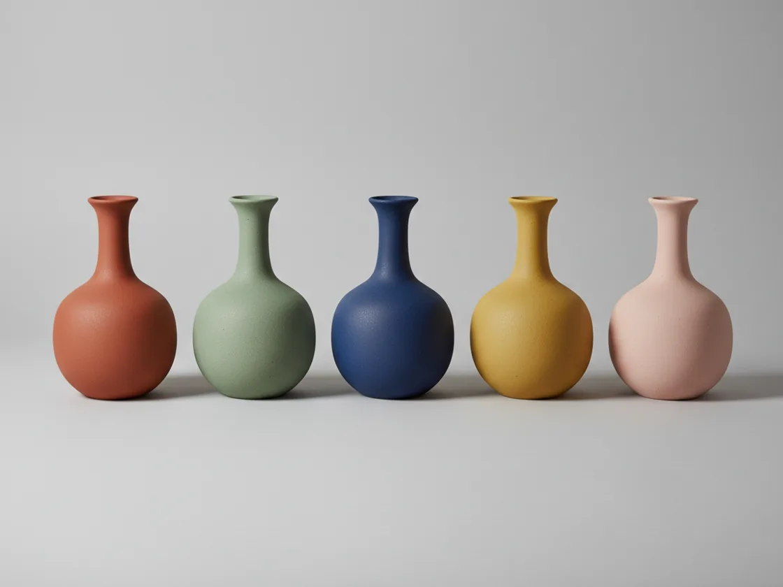 Five identical vases in a row, each finished in a different color under the same lighting.