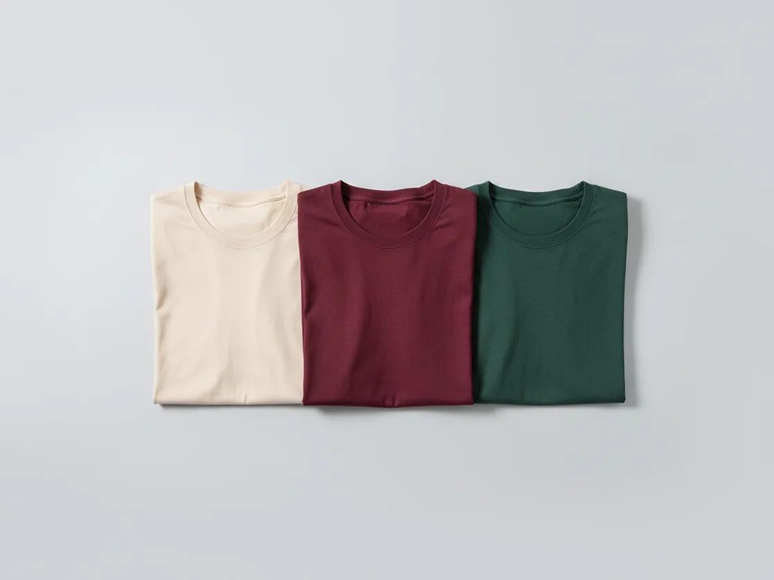The same folded t-shirt shown in cream, burgundy, and forest green with identical folds and texture.